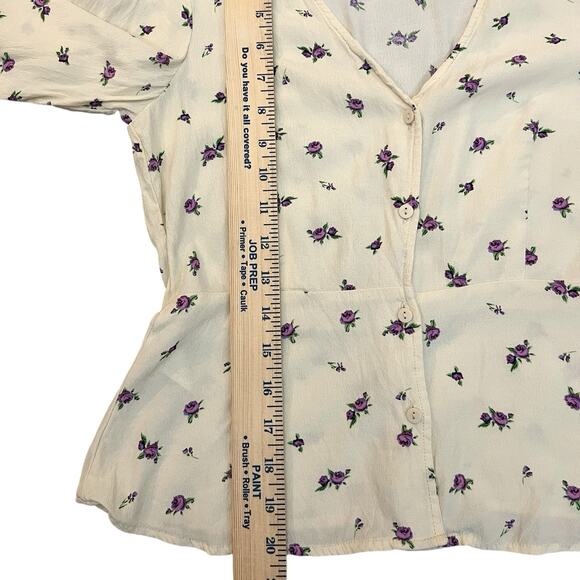 Mango Floral Button Down Blouse 4 US Peplum Hem Long Sleeve Cottagecore Coquette - Picture 10 of 10